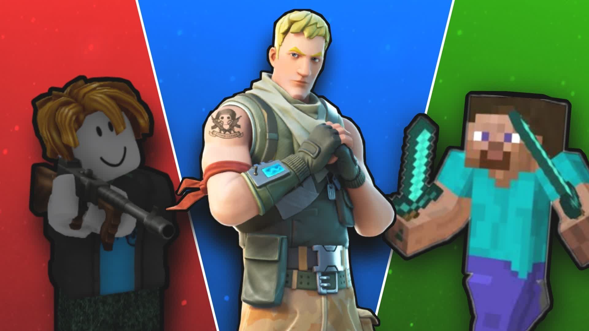 Three video game characters from different games depicted against red, blue, and green backgrounds.